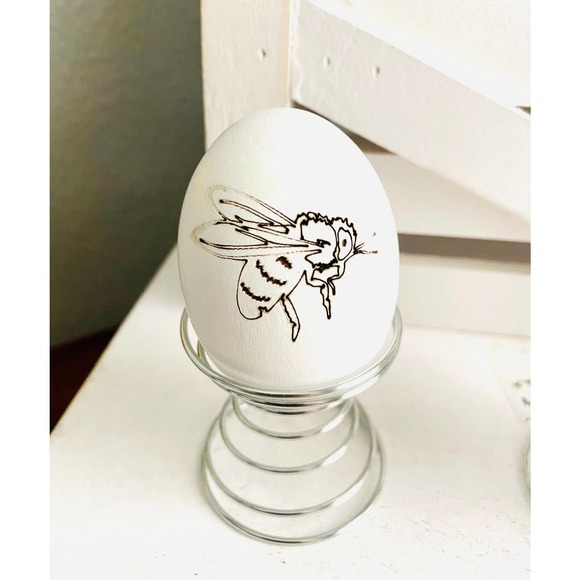 Set of 3 Farmhouse Bee Inspired White Wood Egg w/Stands - Picture 2 of 5